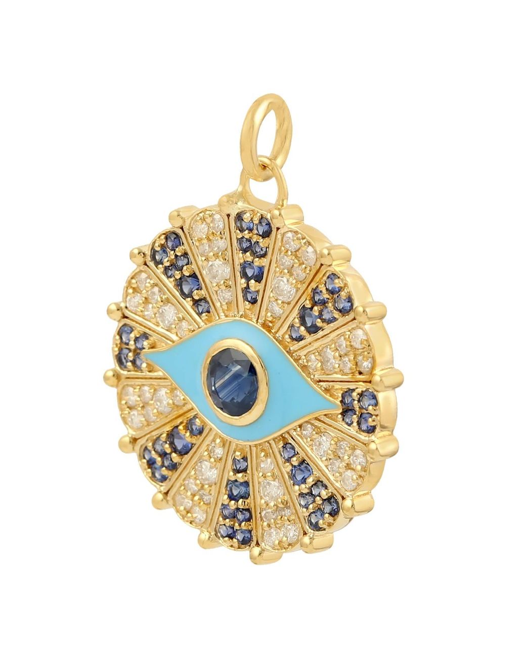Artisan Multicolor Yellow Gold Natural Pave Diamond & Blue Sapphire Evil Eye Charm Pendant