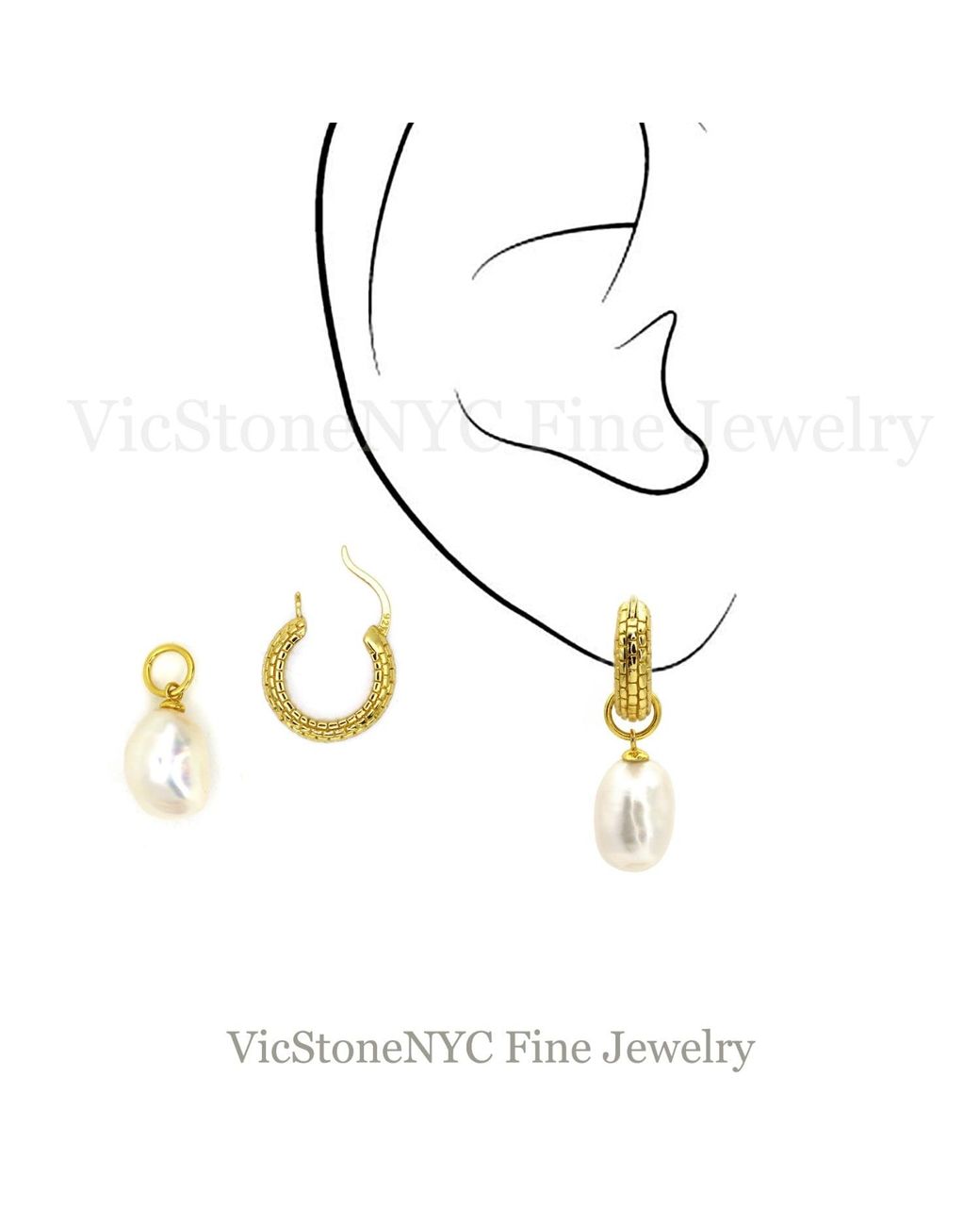 VicStoneNYC Fine Jewelry Metallic Natural Pearl Charm Hoop Earrings