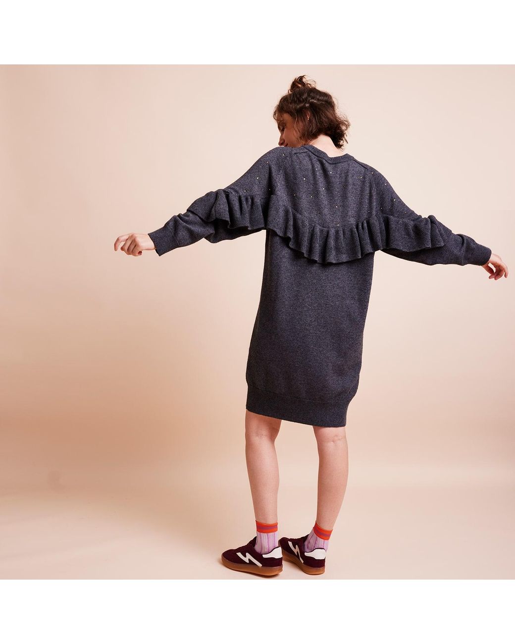 Maison Wanda Gray Dropped Ruffle Dress