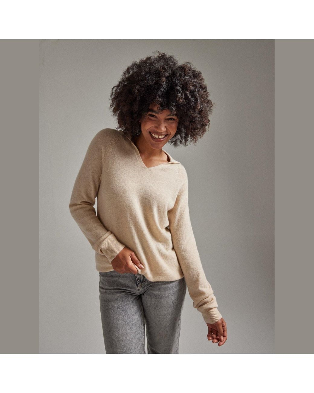 Salts Cashmere Natural Neutrals Split Neck Polo Sweater