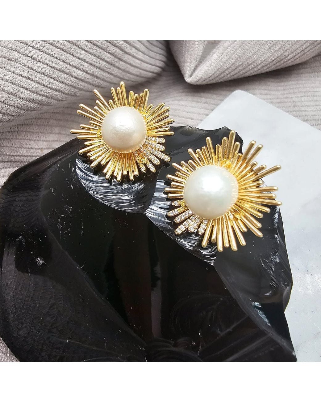 Farra Metallic Tone Freshwater Pearl Sunburst Statement Stud Earrings