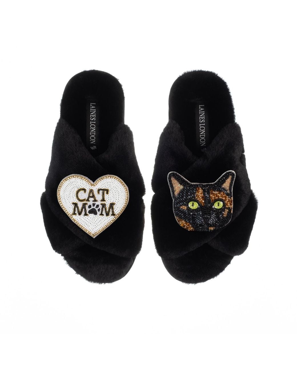 Laines London Black Classic Laines Slippers With Cat Mum/Mom & Misty The Tortoiseshell Cat Brooches