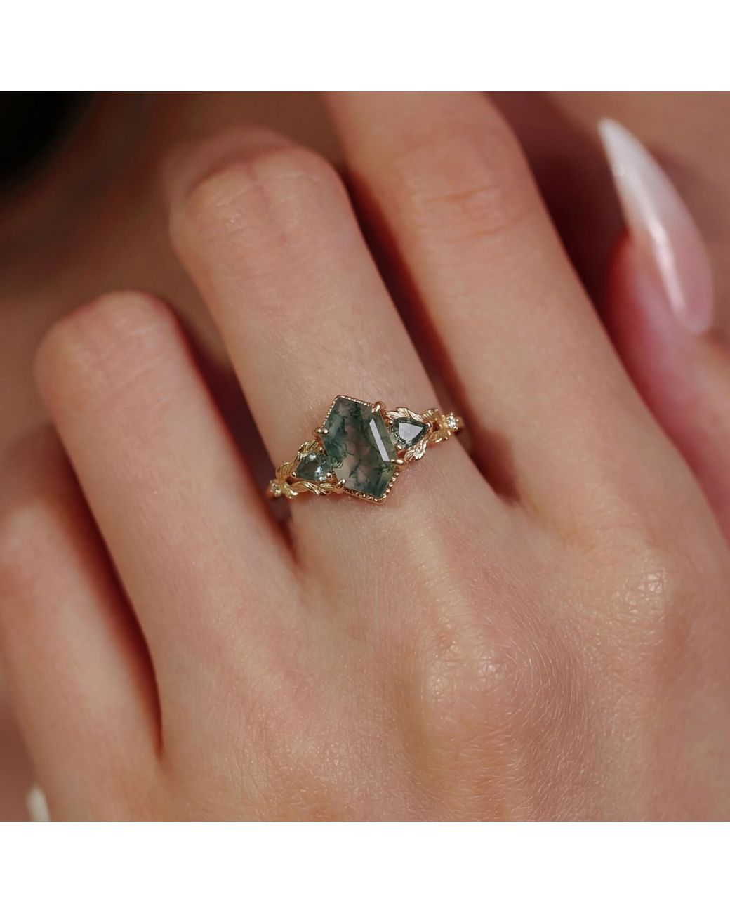 Azura Jewelry New York Green Gardenia Moss Agate Ring Vermeil