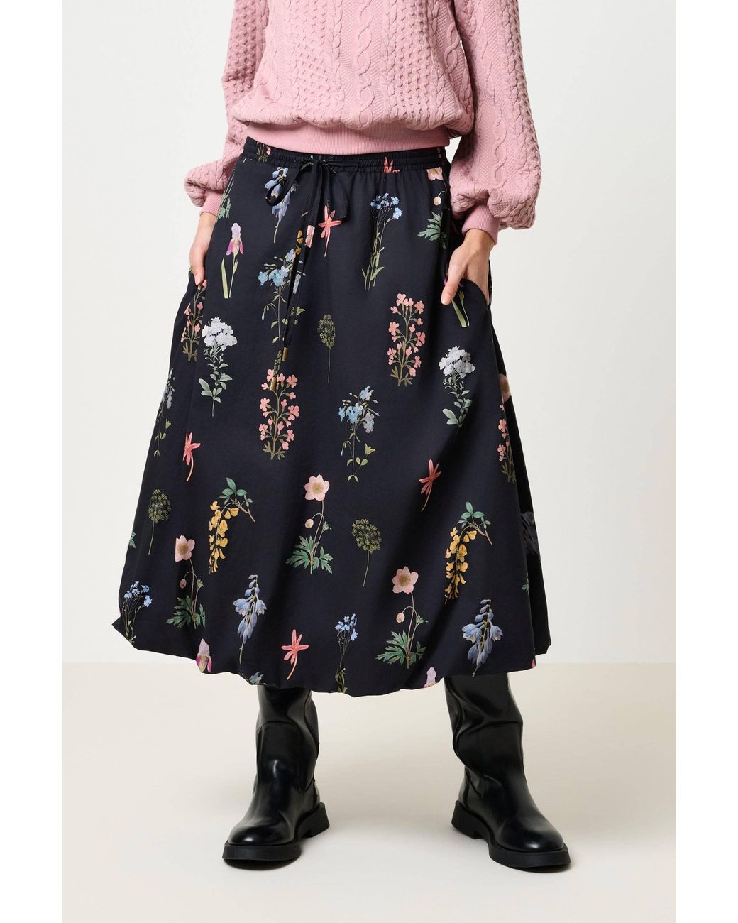 Louche Blue Dixie Flower Press Print Balloon Hem Midi Skirt