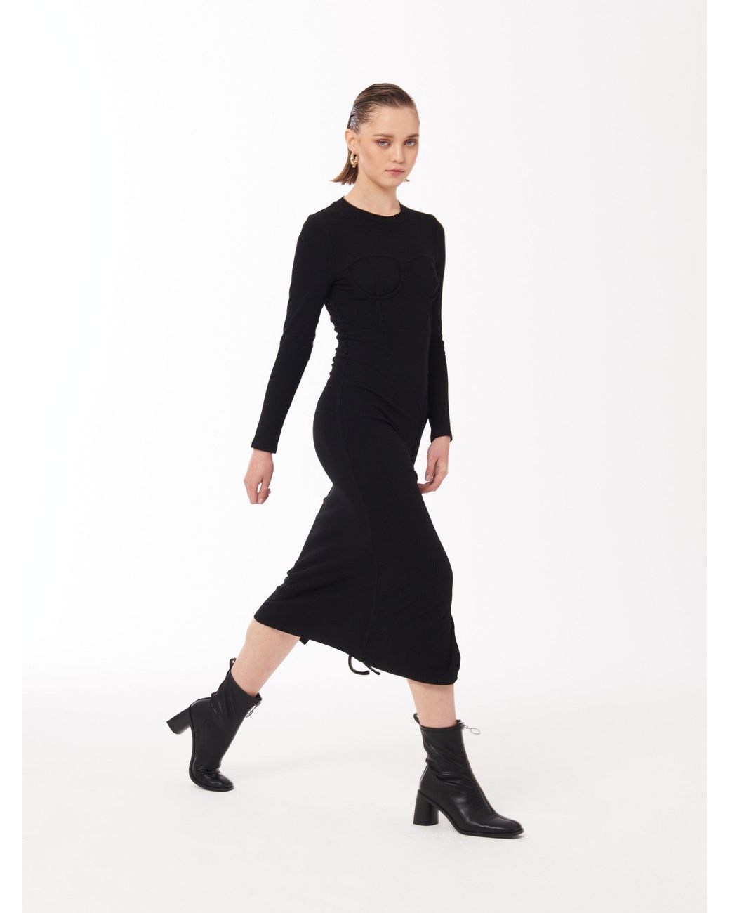 Sour Figs Black Gathered Bra Midi Dress With Split