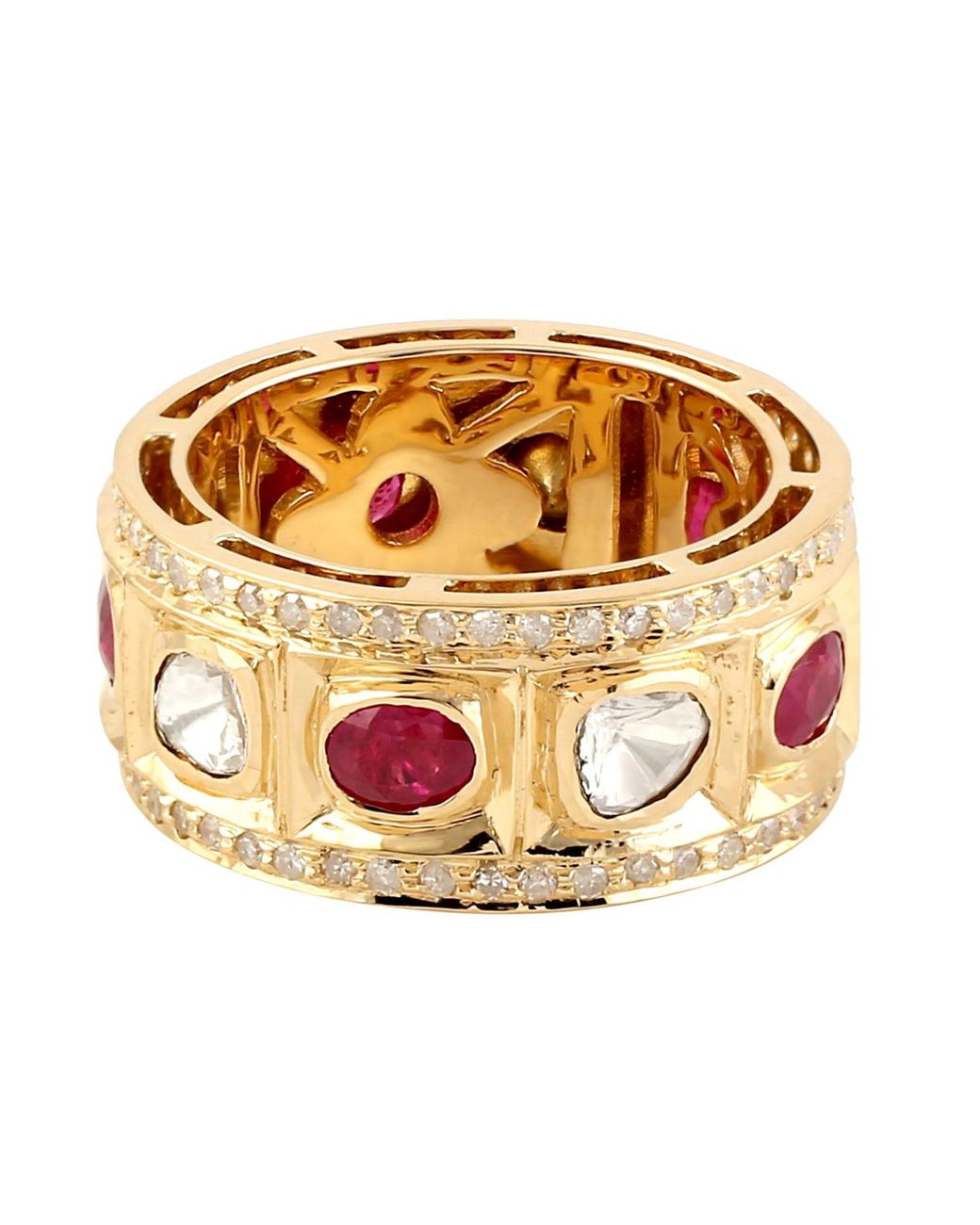 Artisan Metallic Natural Diamond Ruby Trendy Band Rings 18k Yellow Gold Handmade