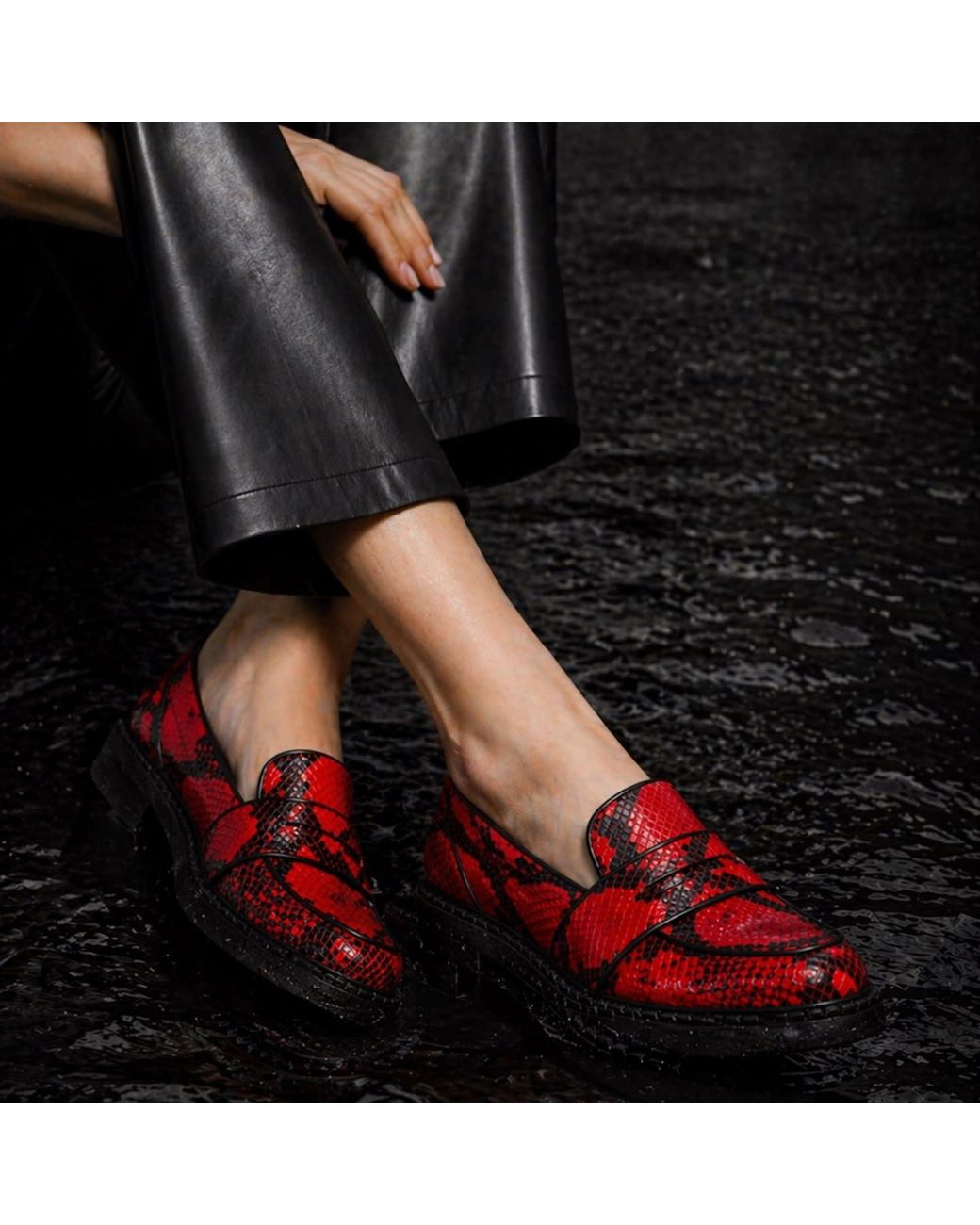 Rosamund Muir London Red Stratford & Snake Print Loafers