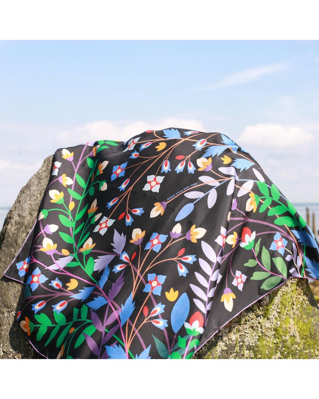 Jessie Zhao New York Black Double Sided Silk Scarf Of Night Garden