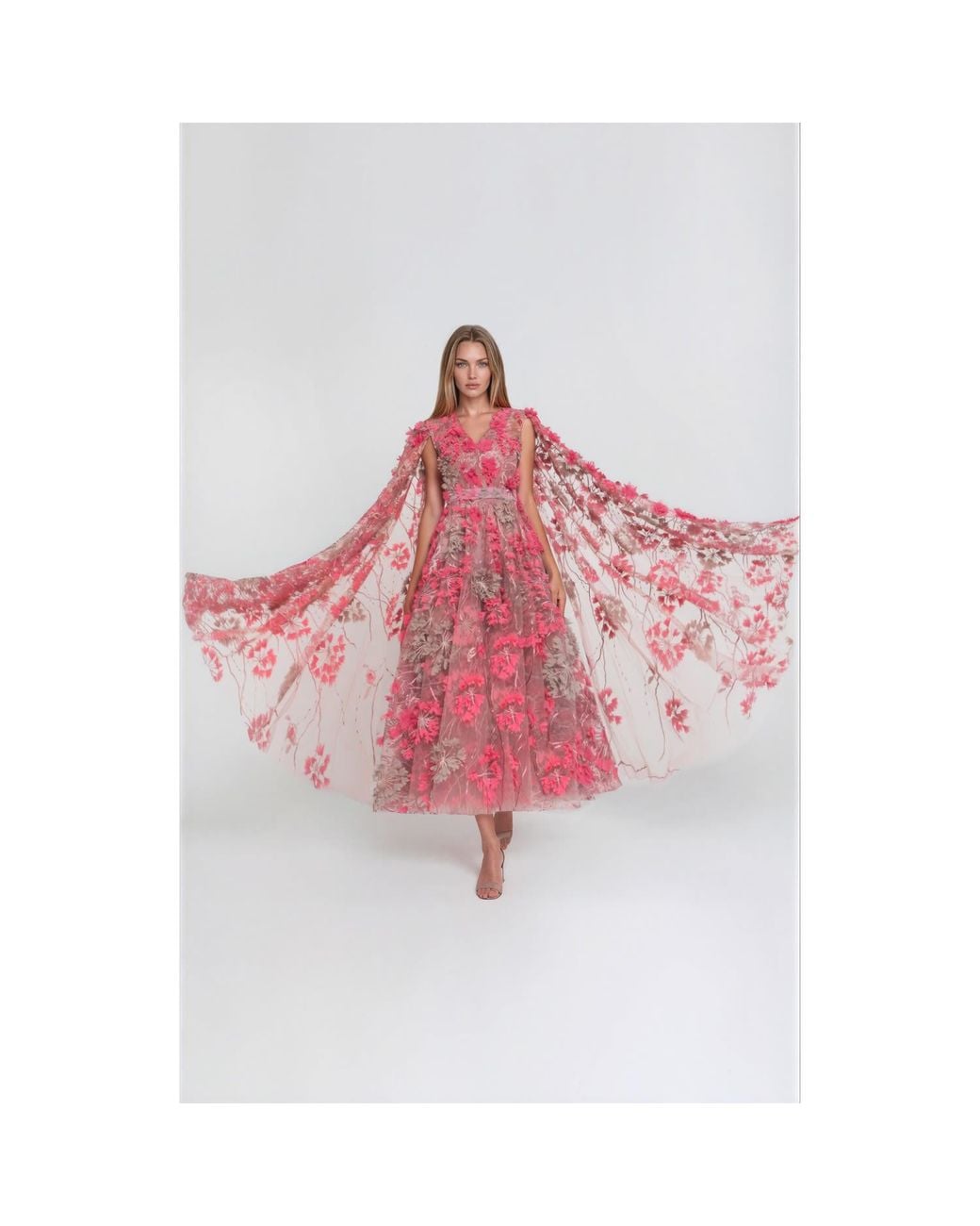 MATSOUR'I Pink Dress Hortensia With Detachable Sleeves Coral Midi