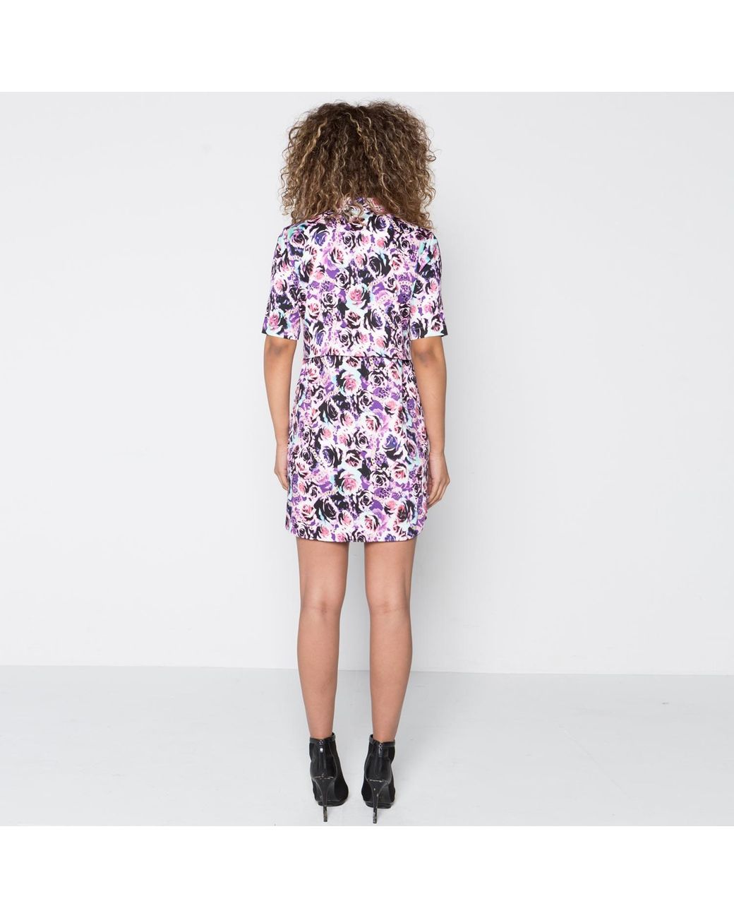 Quillattire Purple Retro Rose Print Shirt Dress