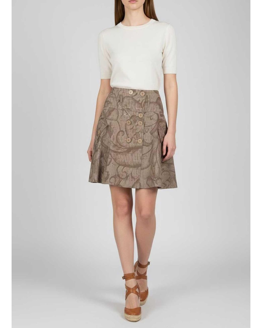 Conquista Natural Button-Front Jacquard Mini Skirt