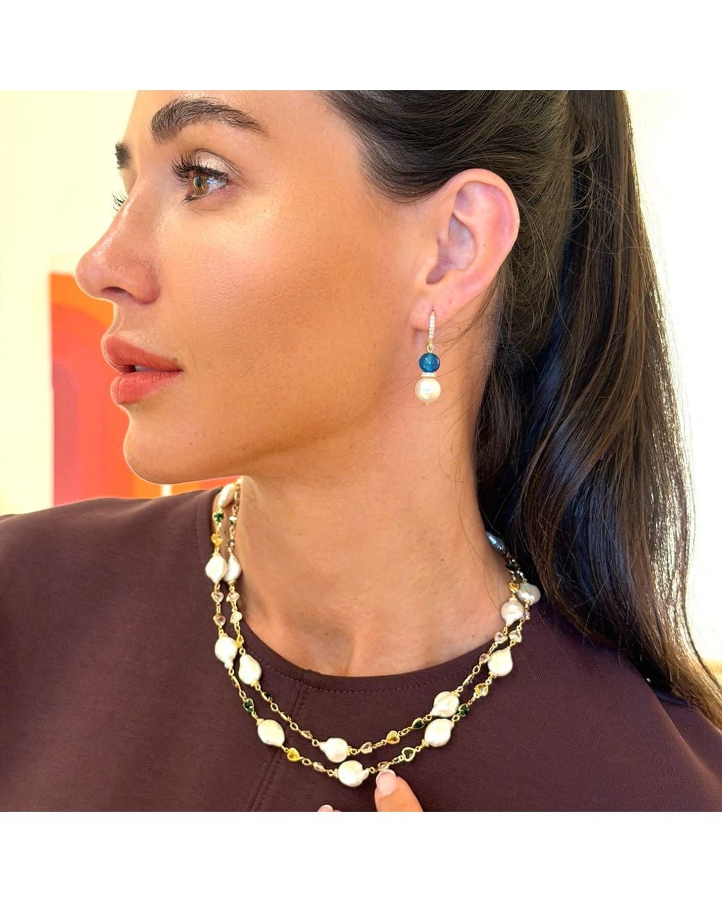 Farra Metallic Colorful Zircon Chain With Baroque Pearl Double Layers Necklace