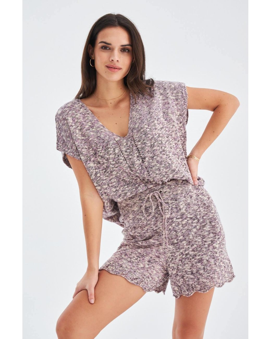 Peraluna Purple Renge Knitted Blouse & Shorts Matching Set