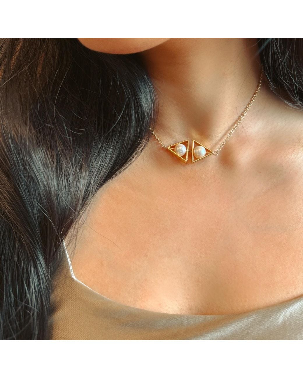 Aracheli Studio Metallic Double Triangle Pearl Art Choker Necklace