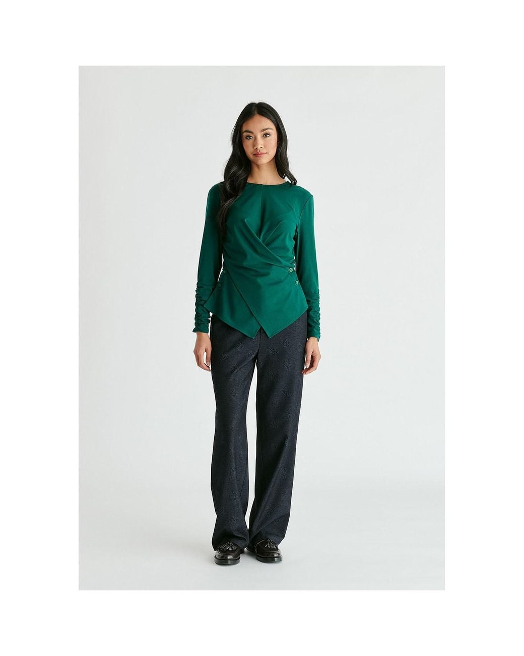 Paisie Green Side Button Jersey Wrap Top