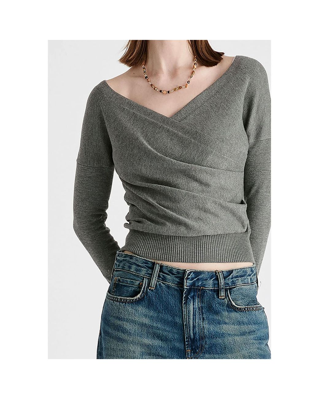 Paisie Gray Knitted Wrap Top With Long Sleeves