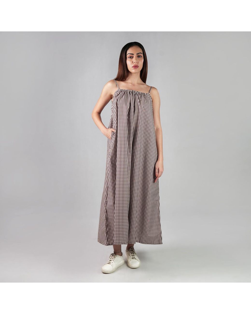 DHARA SHETH DUBAI Brown The New Classic Gingham Spaghetti Strap Maxi Dress