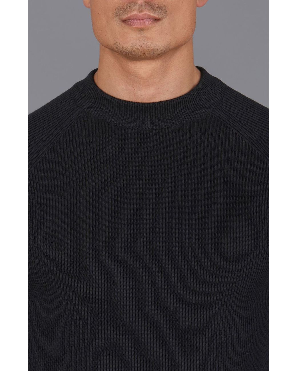 Paul James Knitwear Black Lightweight Cotton Brett Ribbed Crew Neck Jumper for men