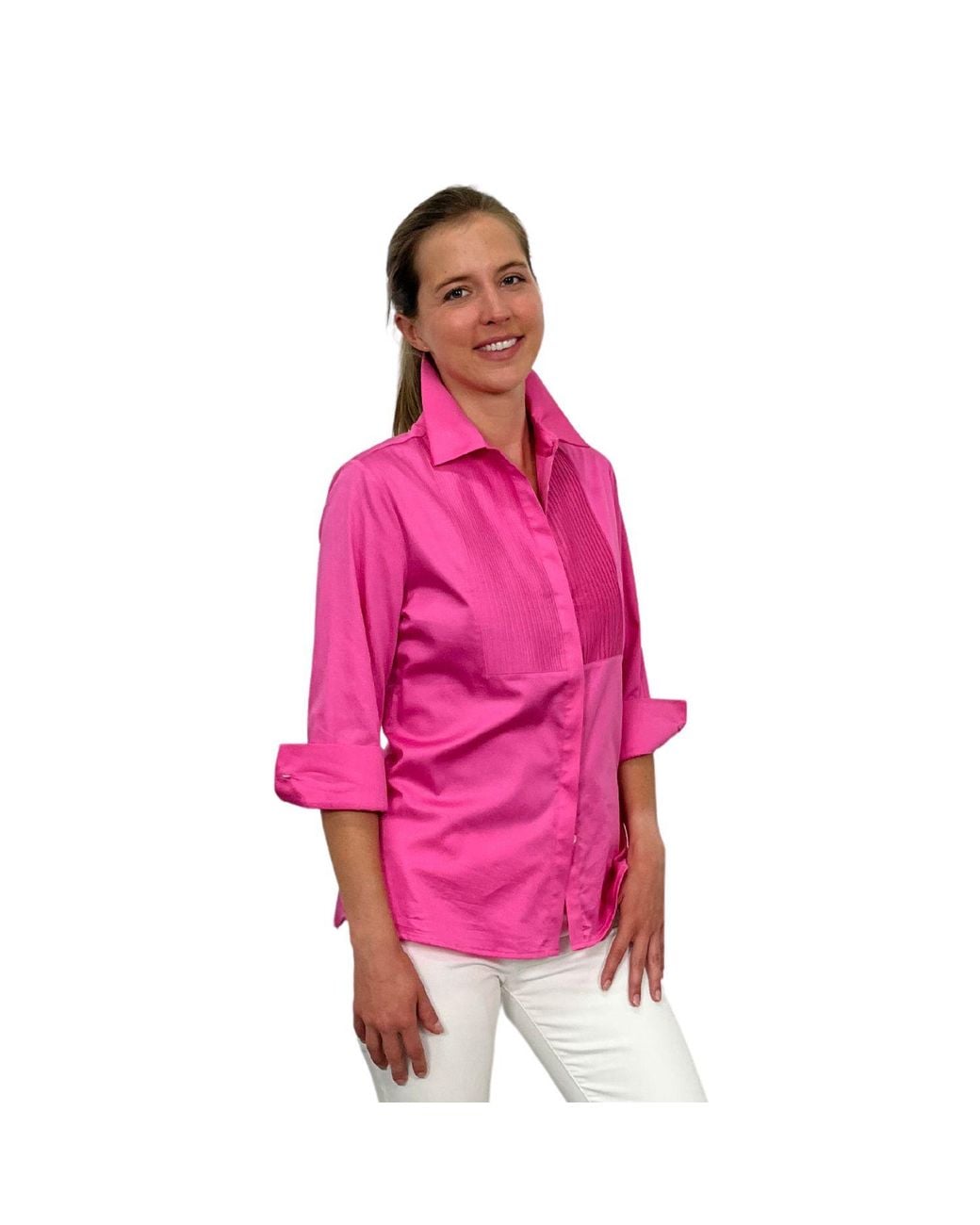 Perlavera Pink Cintuck Satin Three Quarter Sleeve Slim Fit Pintuck Shirt