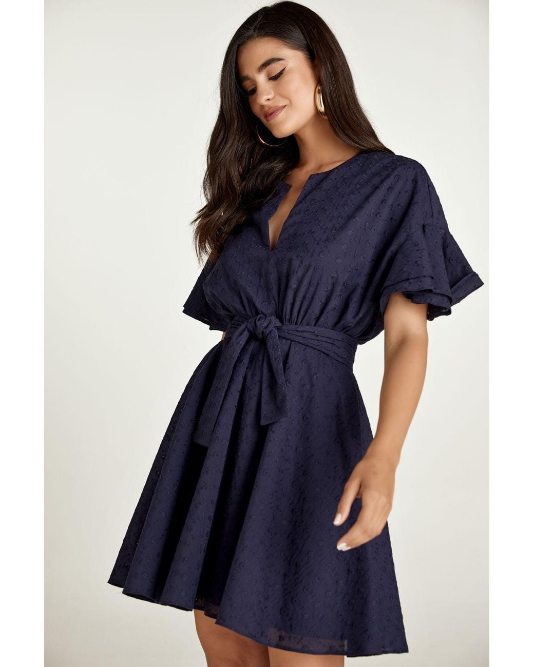 Conquista Blue Dark Embroidered Dress With Ruffle Sleeves