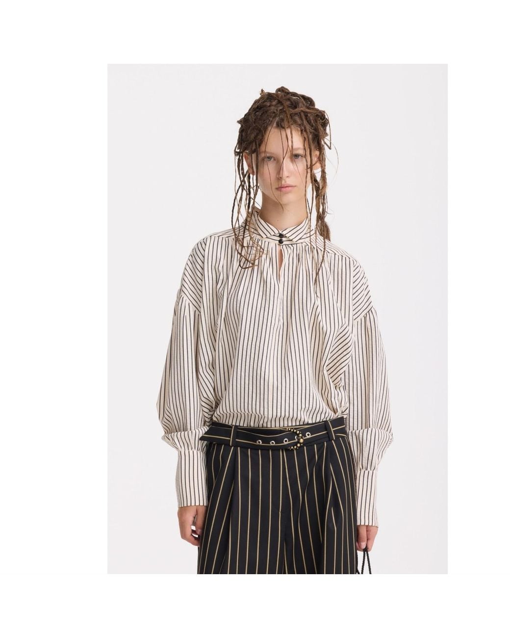 Julia Allert White Neutrals Striped Oversized Long Sleeve Blouse – Ivory