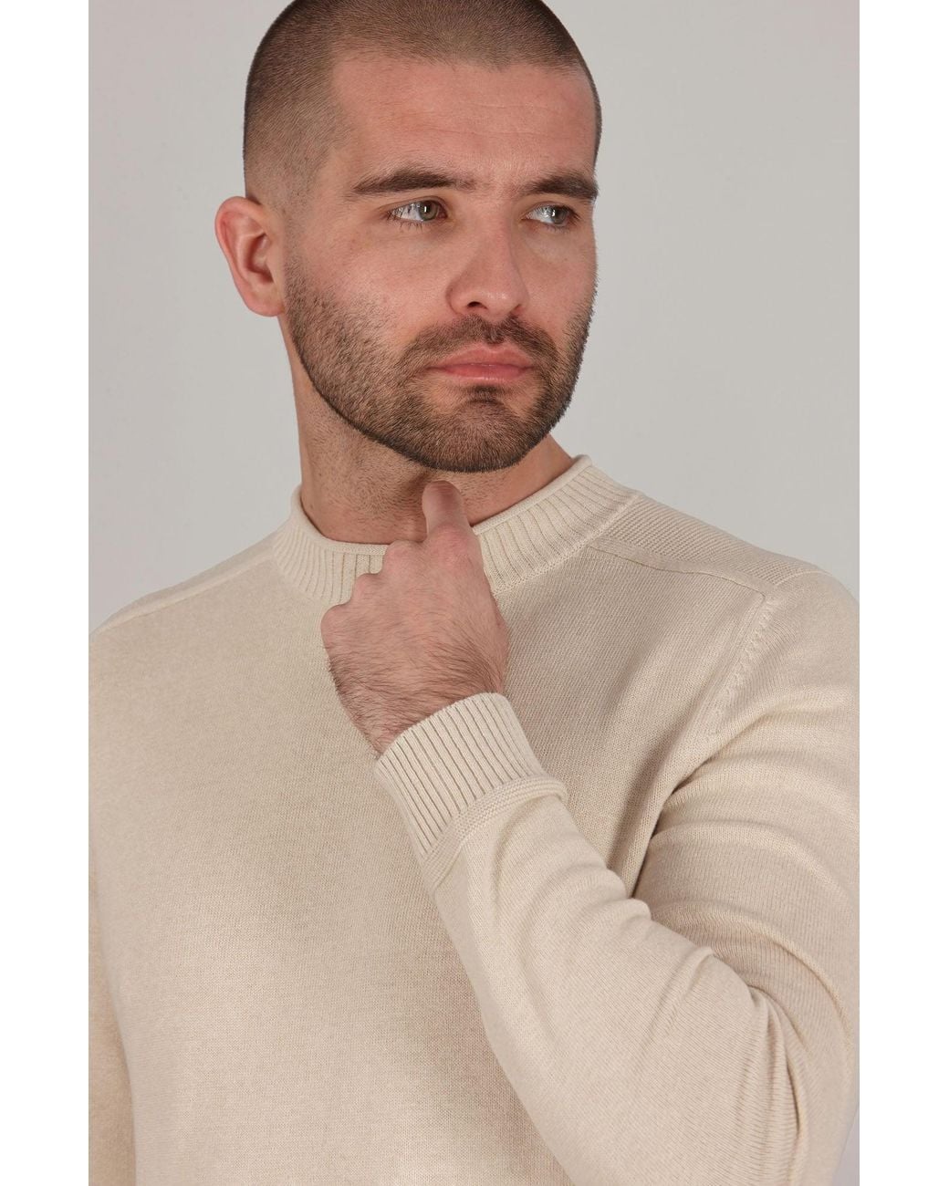 Paul James Knitwear Natural Neutrals Lightweight Cotton Linen Slaithes Saddle Shoulder Jumper for men