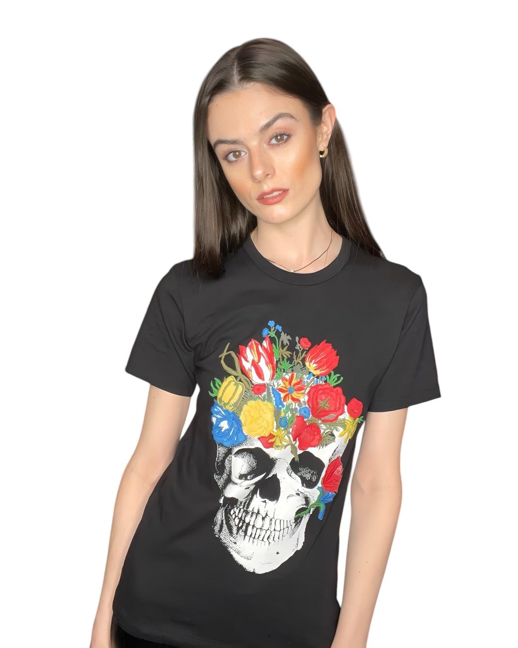Any Old Iron Black Skull Bouquet Embroidered T-Shirt