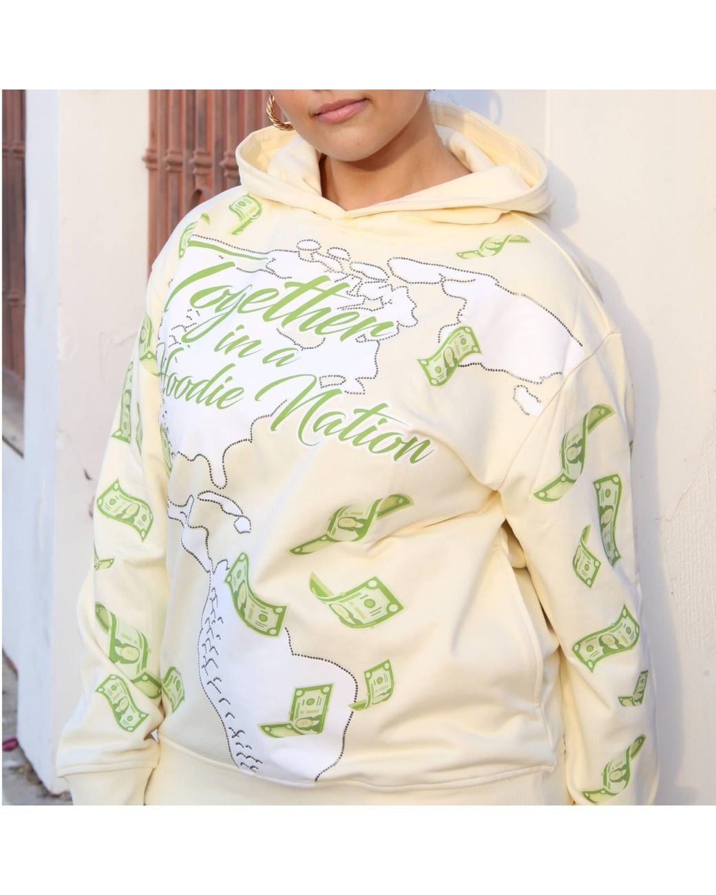 Miracles Manifester Gray Neutrals Manifestation Embroidered Hoodie With Rhinestone Design