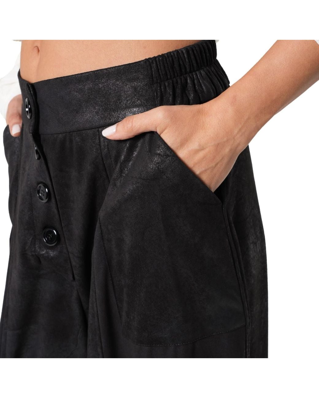 Metamorph Black Wide-Leg Faux Suede Trousers With Buttons