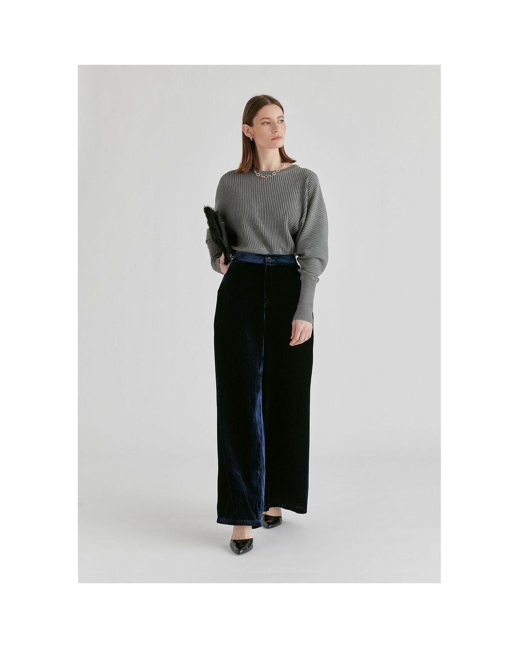 Paisie Blue Velvet Wide-Leg Trousers With Separate Elastic Ankle Bands