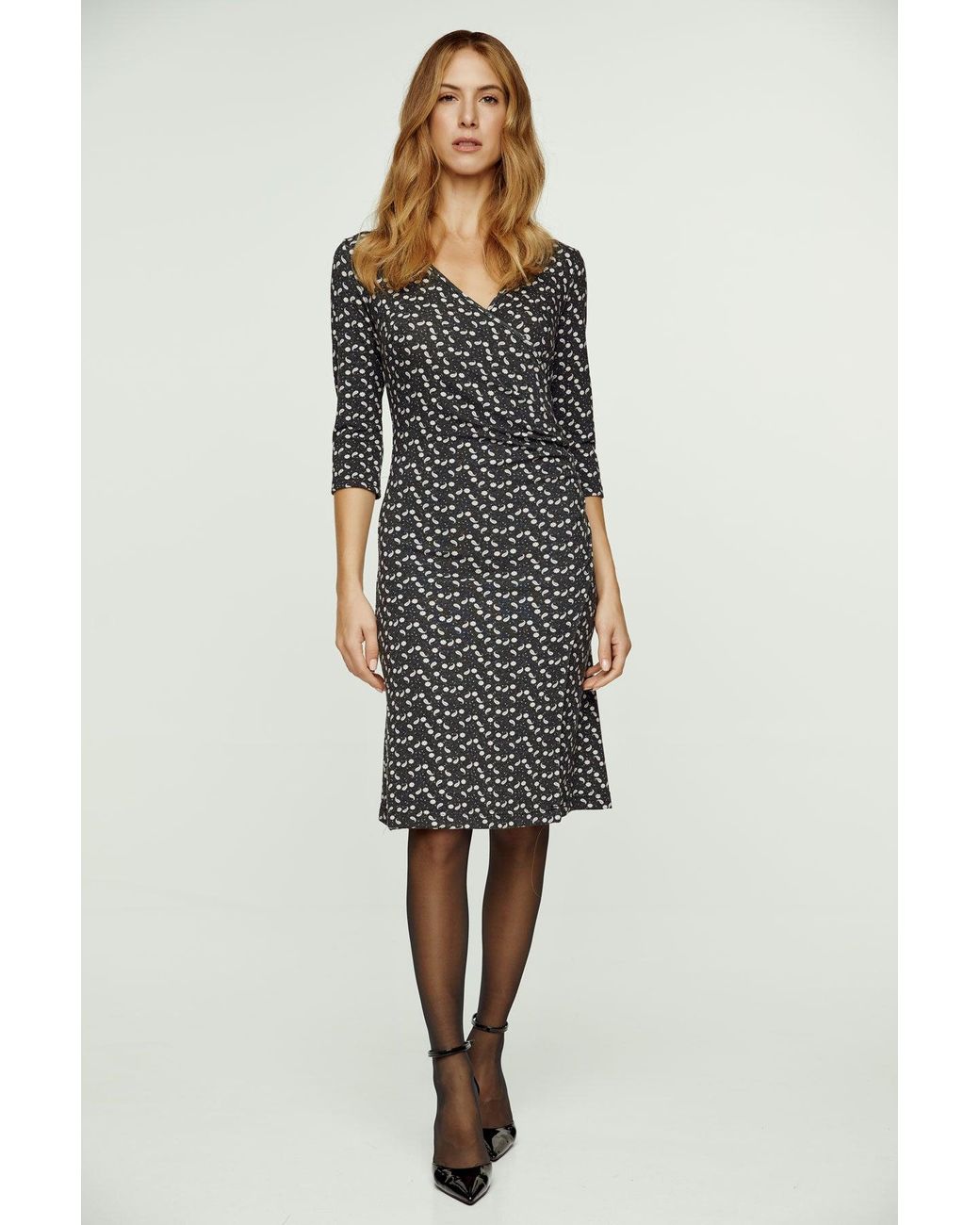 Conquista Black Print Faux Wrap Wool Dress