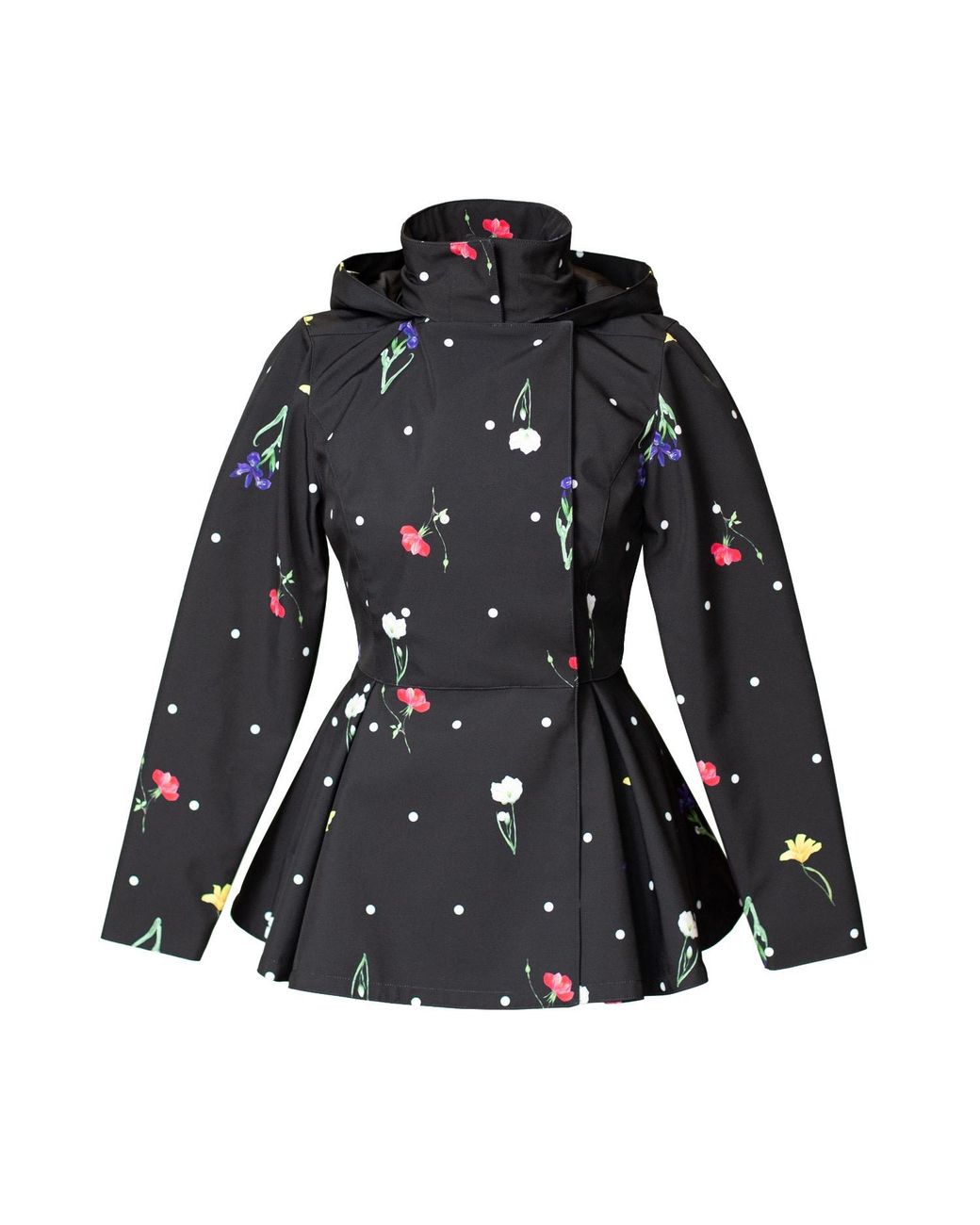 RainSisters Black Jacket With Detachable Hood And Flower Print: Cosmic Meadow