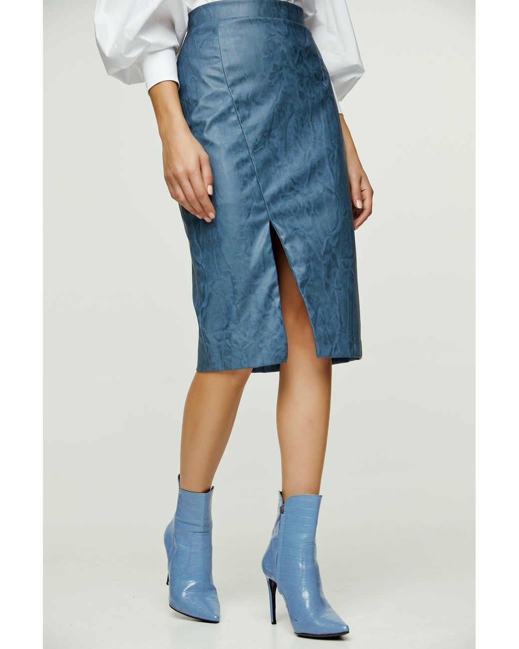 Conquista Blue Faux Leather Pencil Skirt