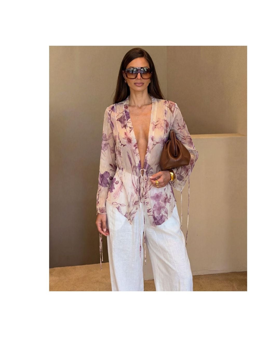 concept A trois Pink Neutrals Ivory Chiffon Blouse With Pastel Floral Print