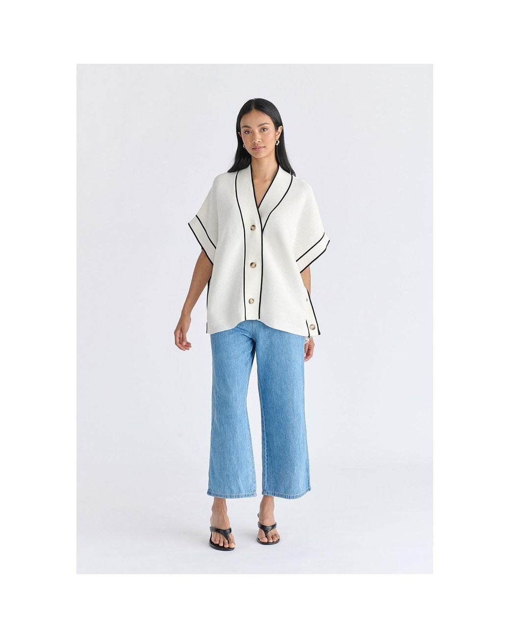 Paisie Metallic Button Details Kimono Ribbed Cardigan