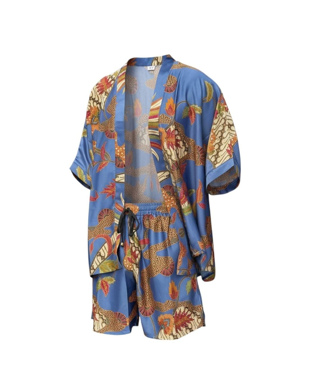 ORIGIN OF HEARTS Blue Simba Resort Satin Kimono Co-Ord Set for men
