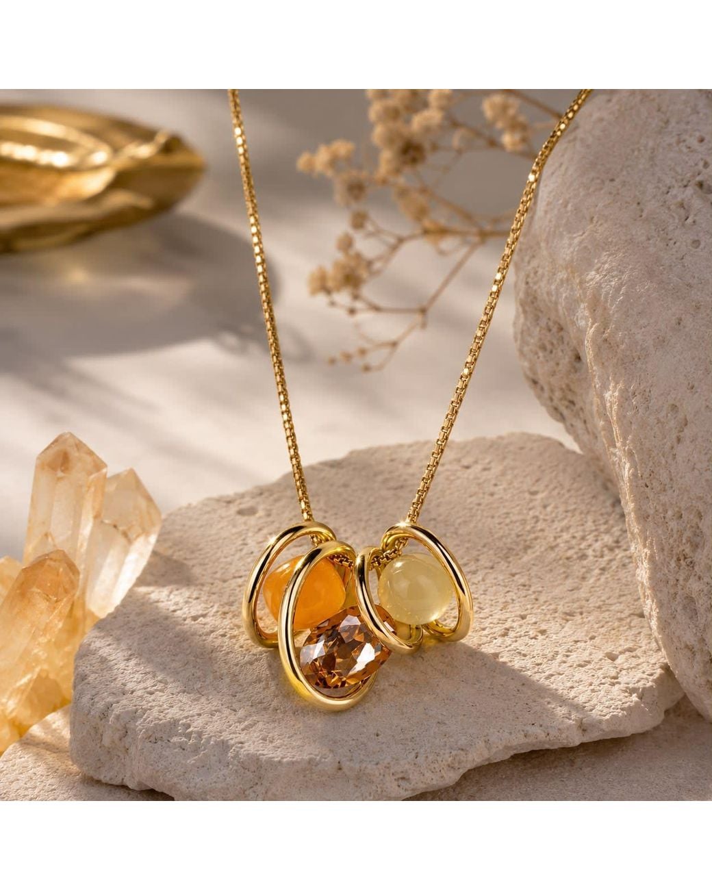 By Ozge Metallic Neutrals Solar Harmony Amber & Ivory Plated Pendant Necklace