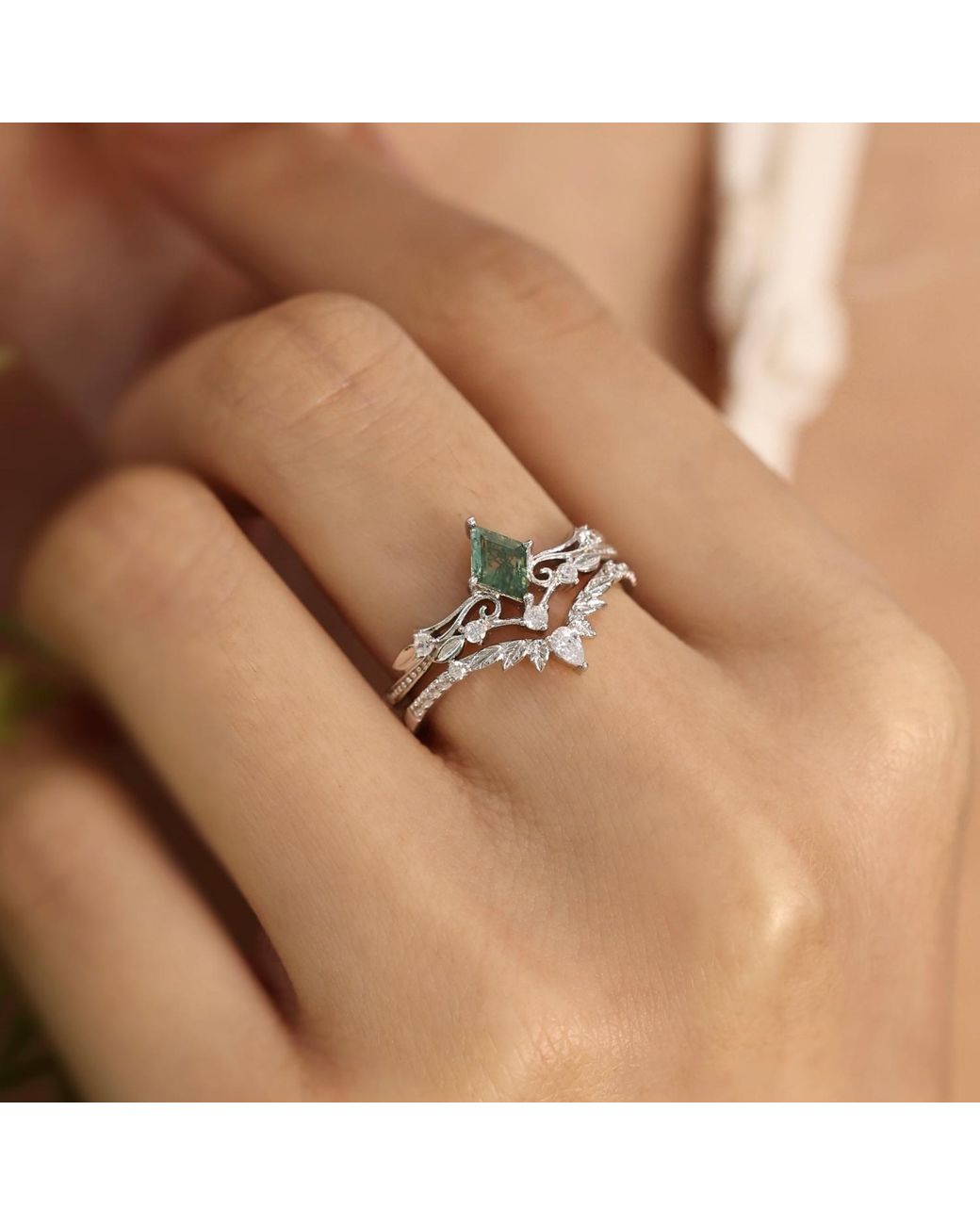 Azura Jewelry New York Victorian Lace Moss Agate Ring White Gold Vermeil©