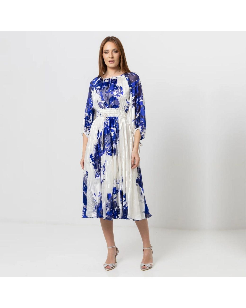 IZABELA MANDOIU Blue Printed Silk Midi Dress With Waist Tie