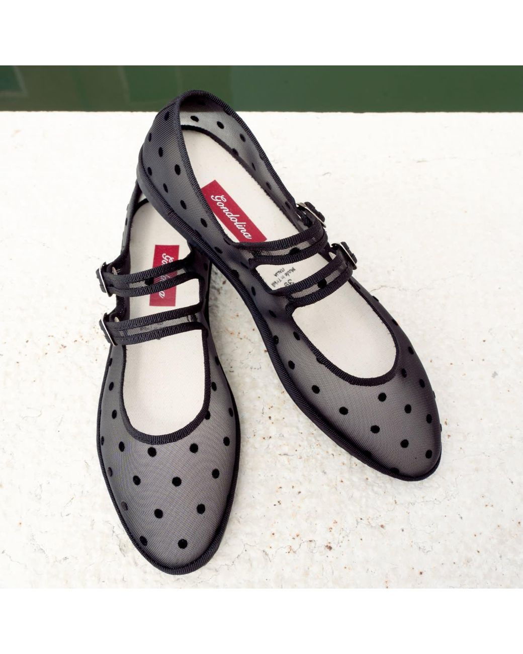 Gondolina Shoes Black Moretta Polka-Dot Mesh Double-Strap Mary Jane Shoes – Made