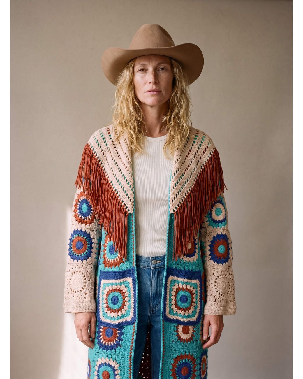 Ana Chic Blue Fringed Handmade Crochet Maxi Cardigan