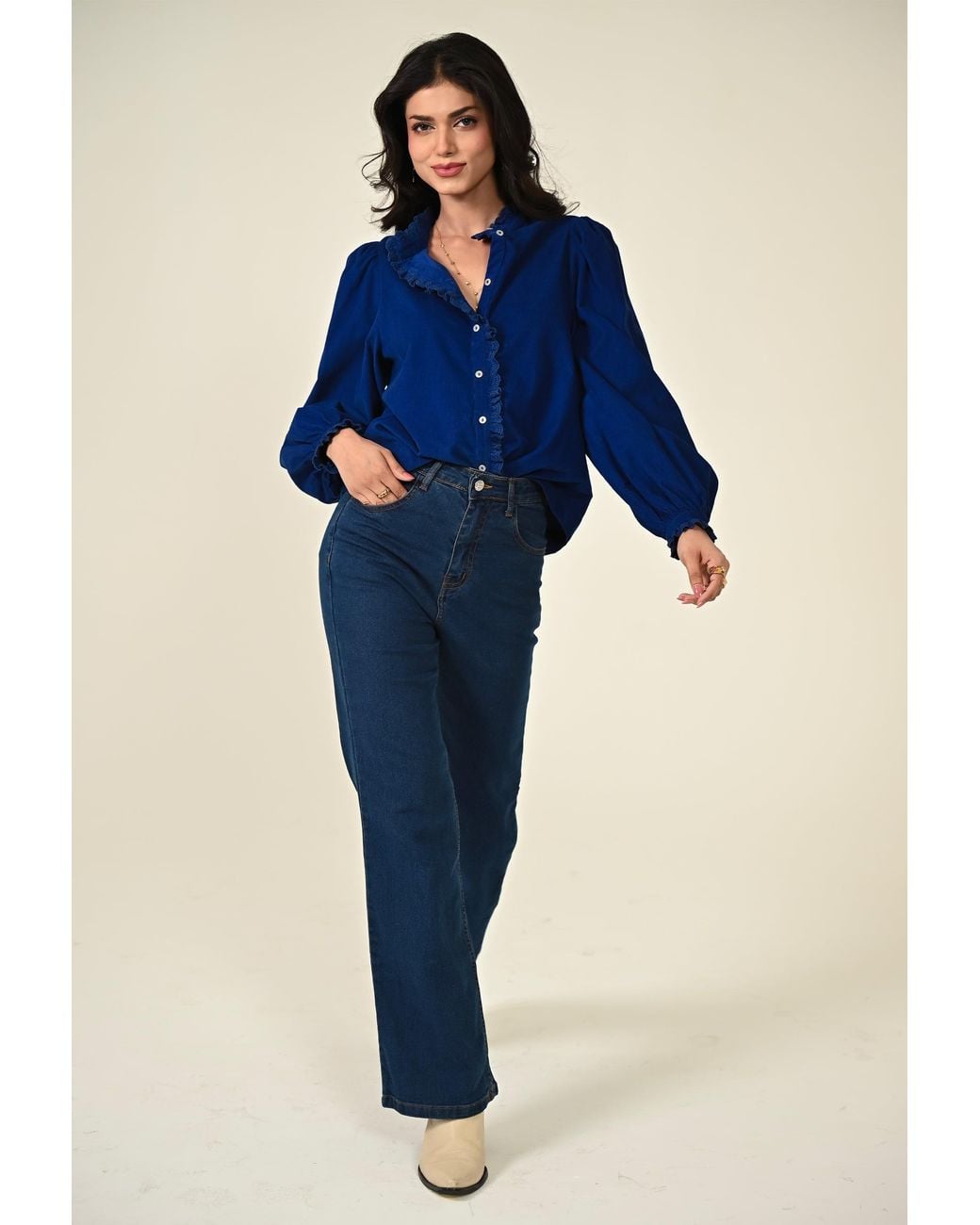 Rose & Nancy Blue Nerys Cord Embroidered Frill Blouse
