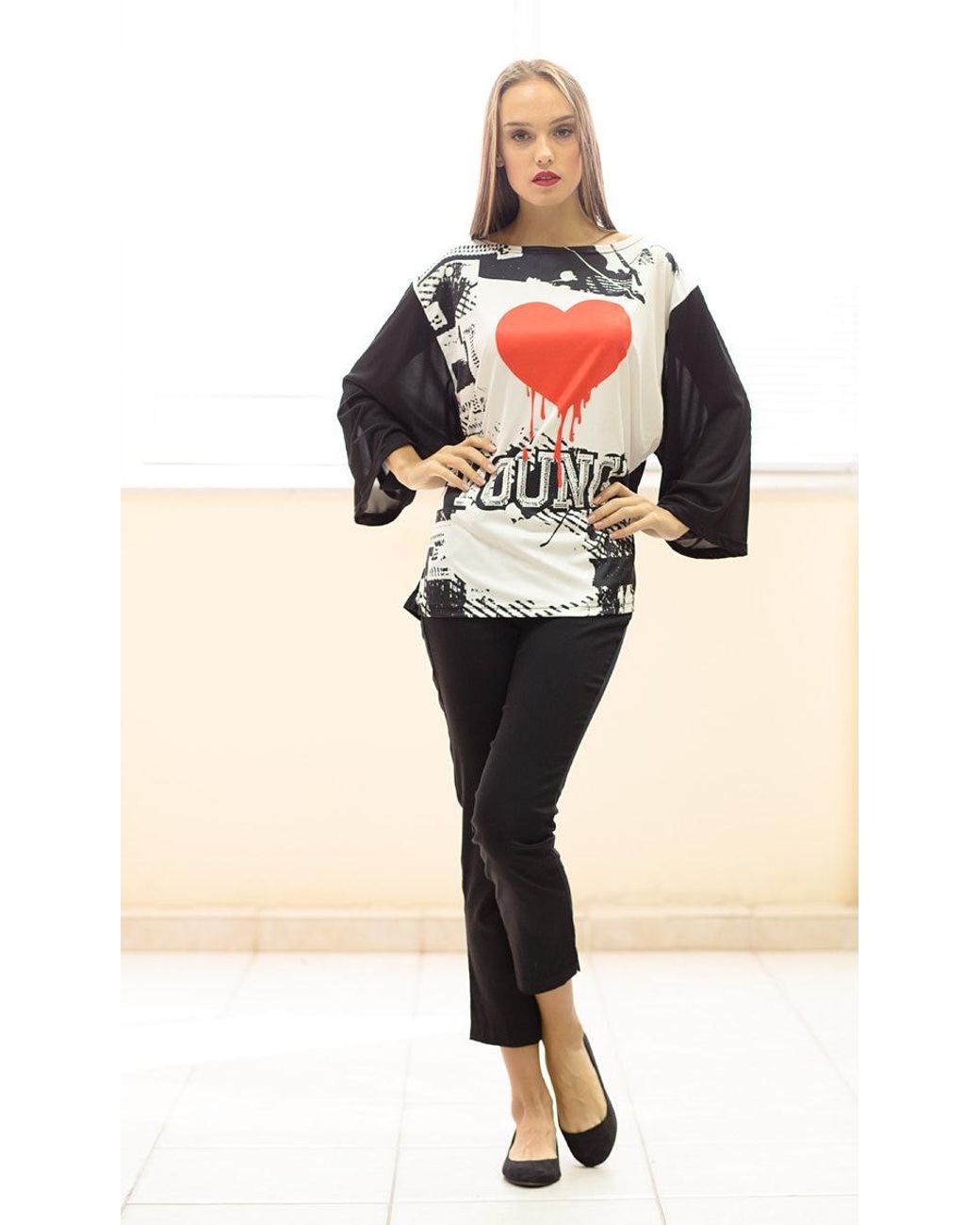 Conquista Red Sheer Back Wide Sleeve Top