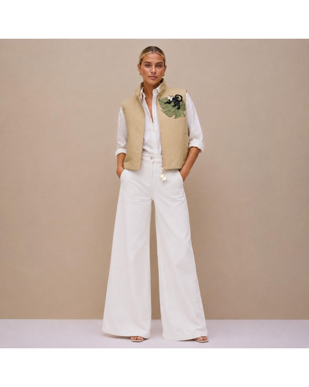 House of Laines London Natural Neutrals Laines Couture Hand Embellished Monkey Cropped Trench Gilet
