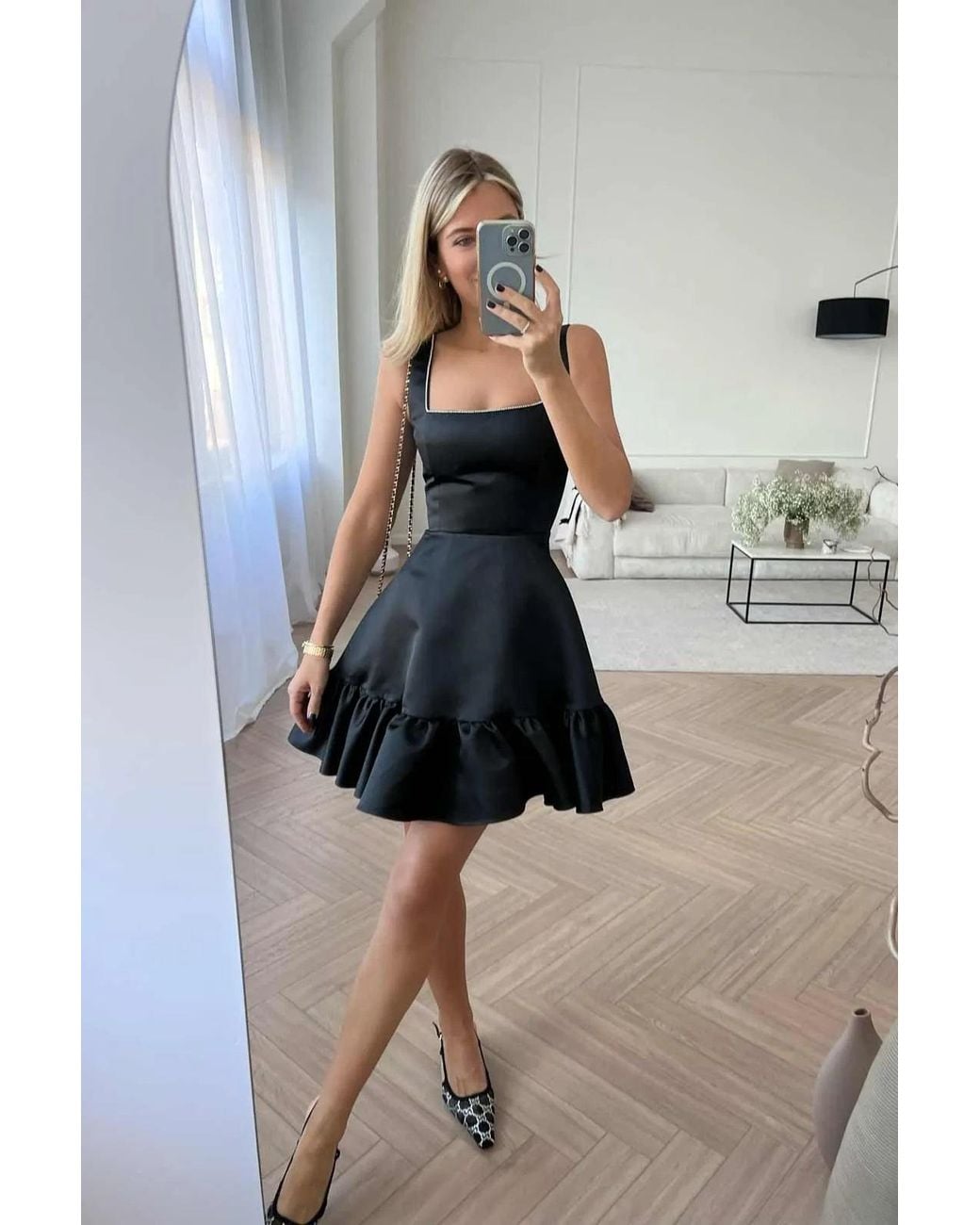 POST MERIDIEM Black Bottom Flounced Strap Mini Dress