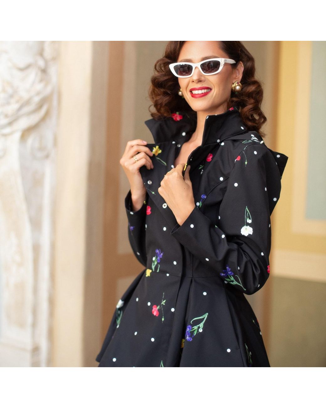 RainSisters Black Jacket With Detachable Hood And Flower Print: Cosmic Meadow