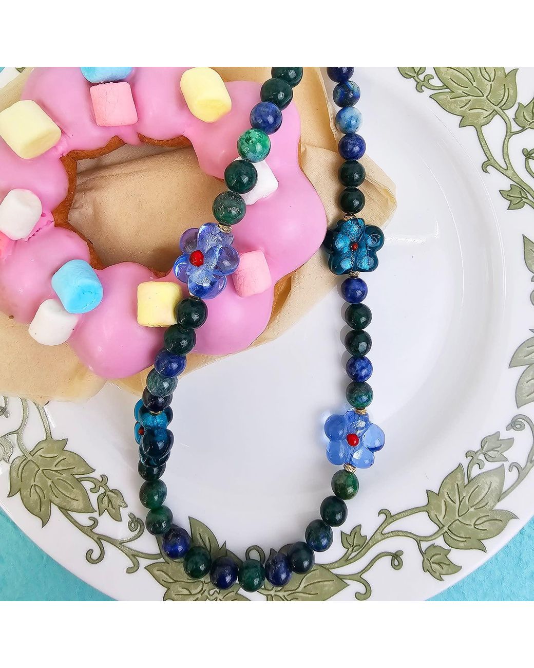 Farra Blue Phoenix Lapis Gemstone With Flowers Phone Semiprecious Stone Strap