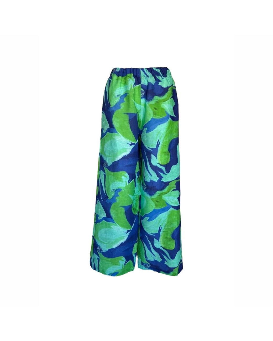 Haris Cotton Green Relaxed Fit Printed Linen Pants With Elastic Waist Lagoon