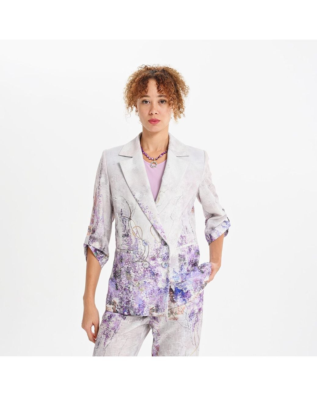 Lalipop Design Blue Abstract Floral Print Tailored Blazer Jacket