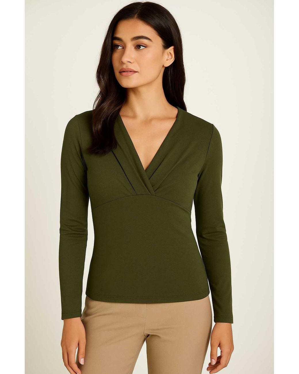 Conquista Green Dark Khaki Long Sleeve Faux Wrap Top